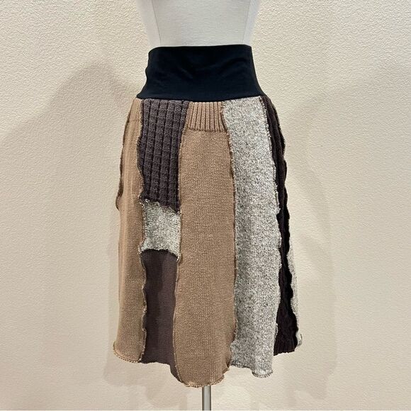 Brown Patchwork A-Line Sweater Handmade Skirt Size Medium - Picture 4 of 14